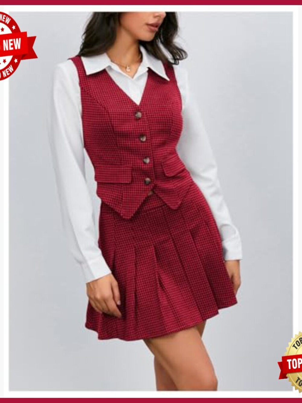 Plaid Skirt Set with Blazer Vest and Pleated Mini Skirt, Business Outfit - Picture 3 of 7